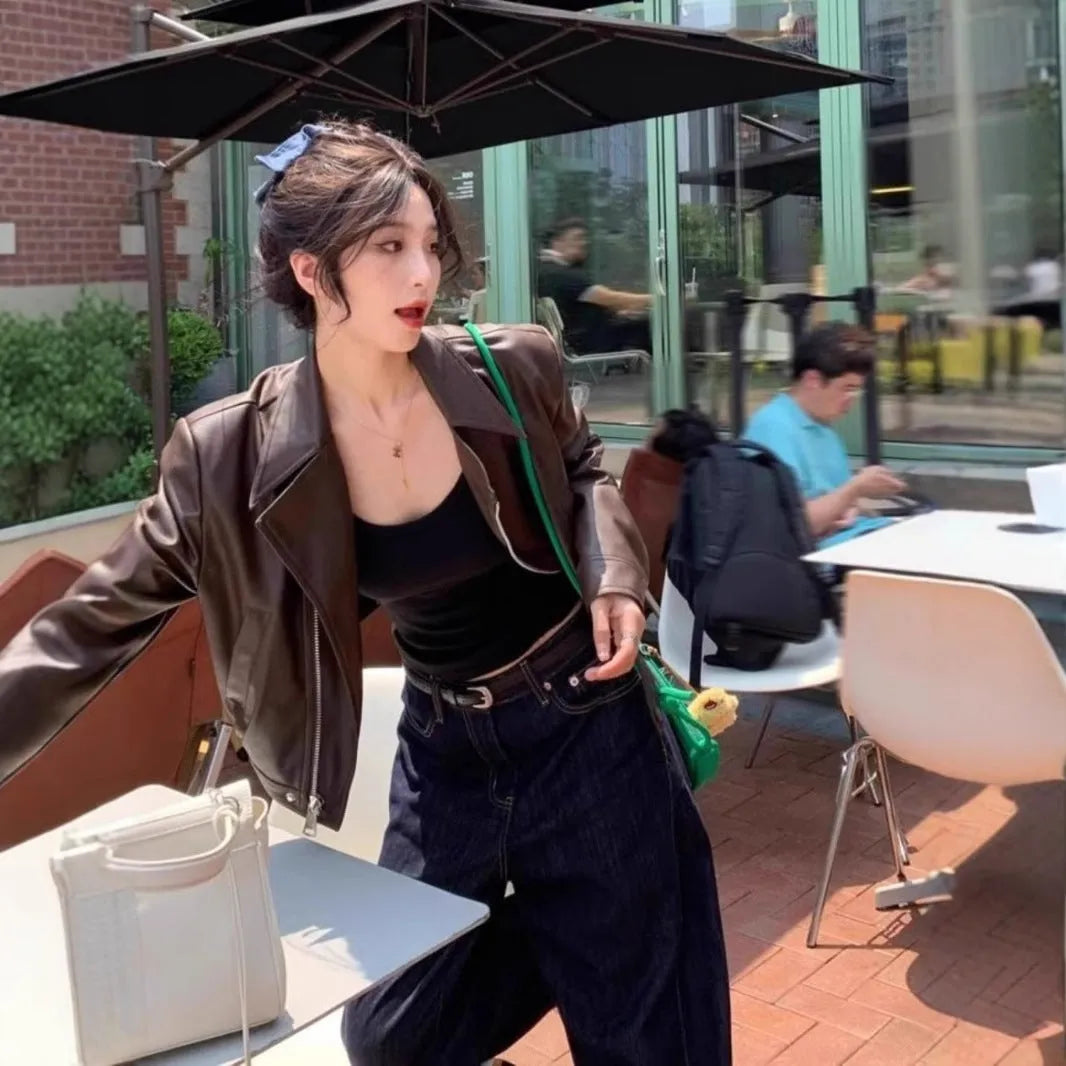 Women's retro brown leather-style coat jacket with slim fit and street fashion styling