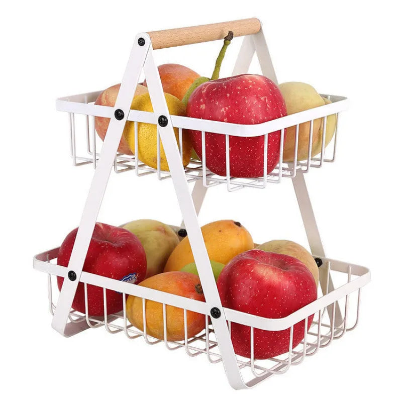 Detachable double-layer iron fruit basket with wooden handle in black on a kitchen tabletop