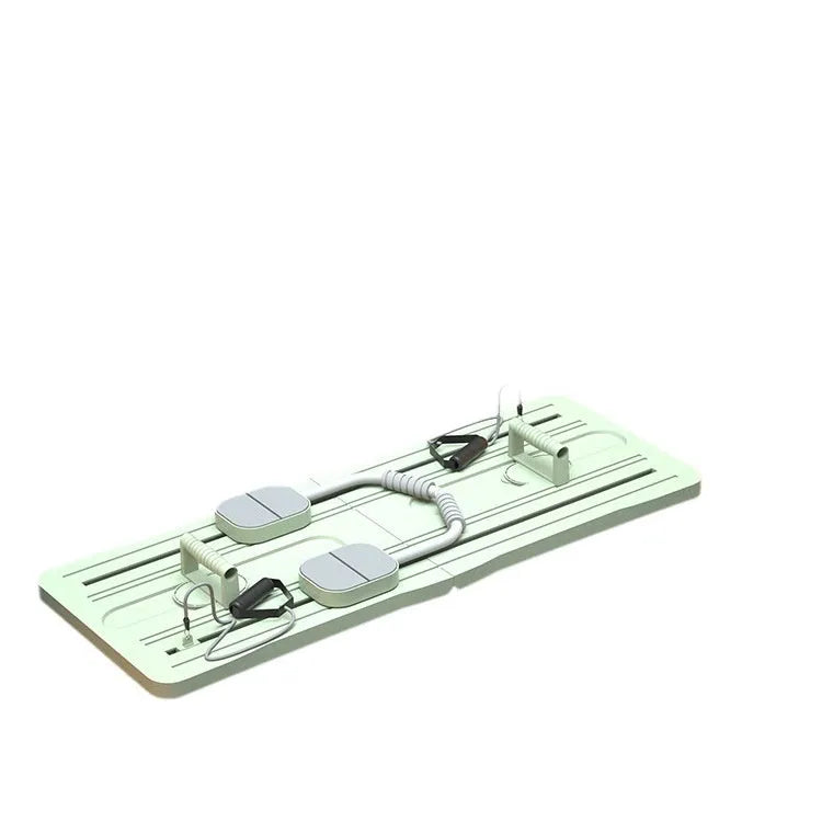 Purple foldable belly panel trainer for abdominal exercises on a home floor