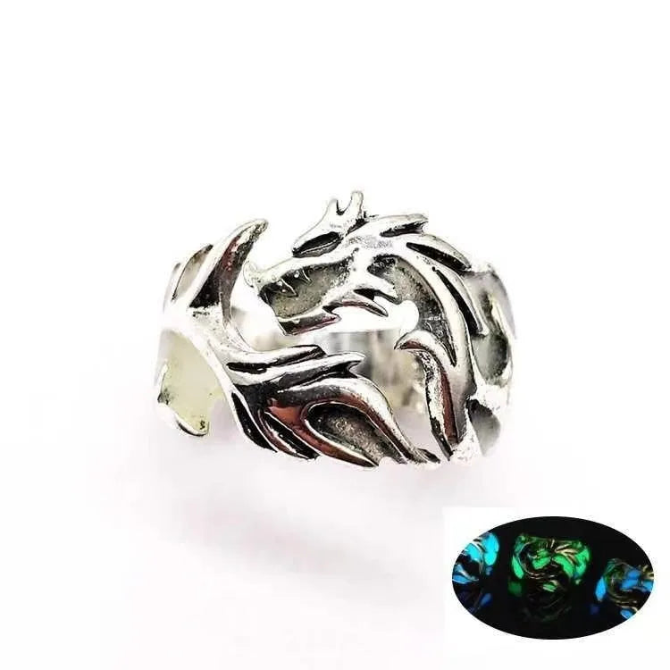 Adjustable Chinese dragon pattern ring in silver blue and green electroplated metal