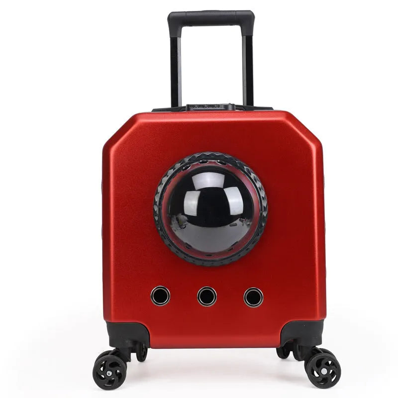 Hard-shell PVC pet flight trolley case for cats, shown in orange with wheels.