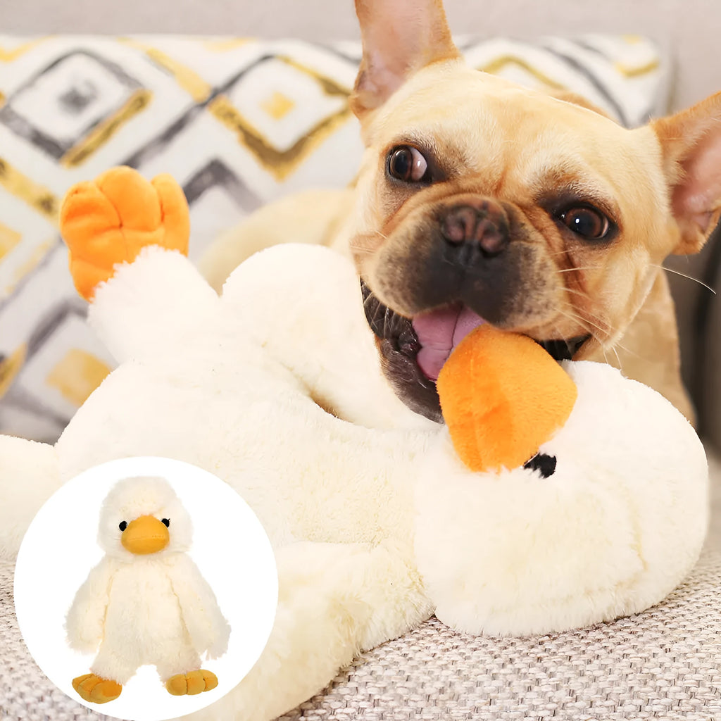 White plush duckling dog toy with squeaker, cotton filler, plain pattern, 23cm size