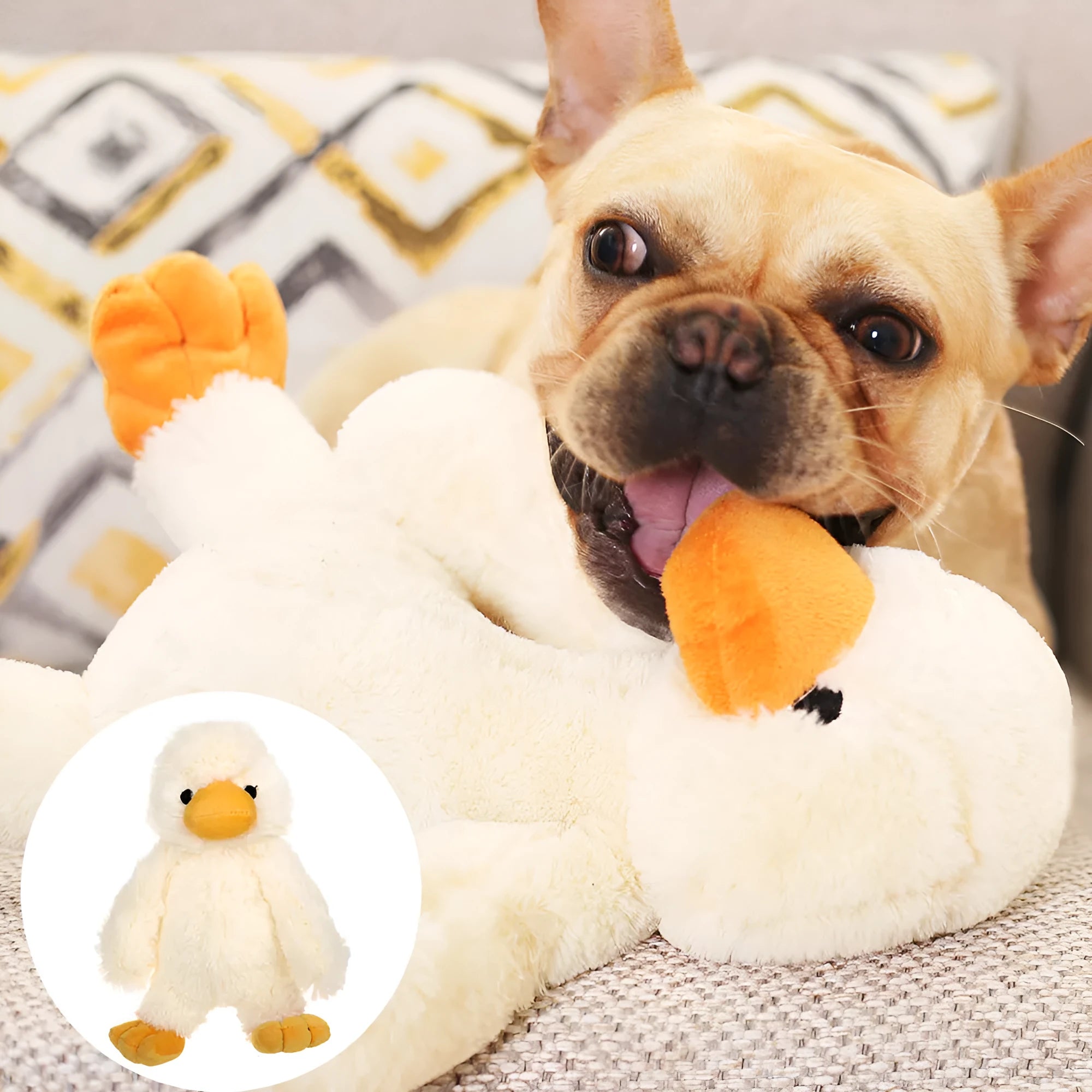 White plush duckling dog toy with squeaker, cotton filler, plain pattern, 23cm size
