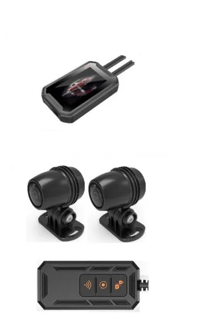 MT65 motorcycle camera with 3-inch display shown mounted on a bike armrest