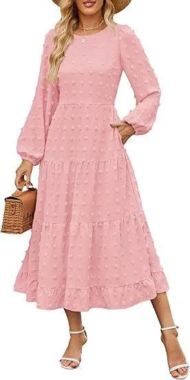 Women's long sleeve dress with high waist and ruffled sleeves in autumn colours