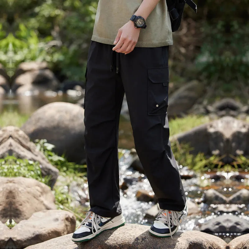 Men's quick-drying summer casual pants in polyester, cropped mid-waist style, colour khaki, size M