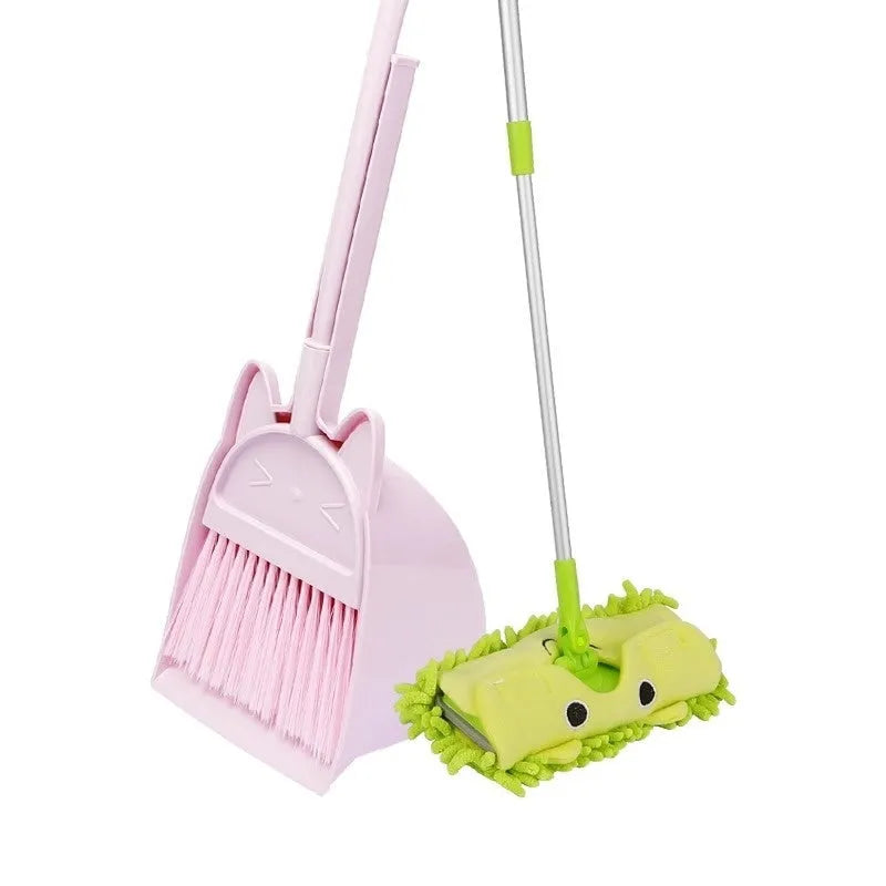 Purple, green, and beige plastic broom and dustpan set with rotating brush and storage holder
