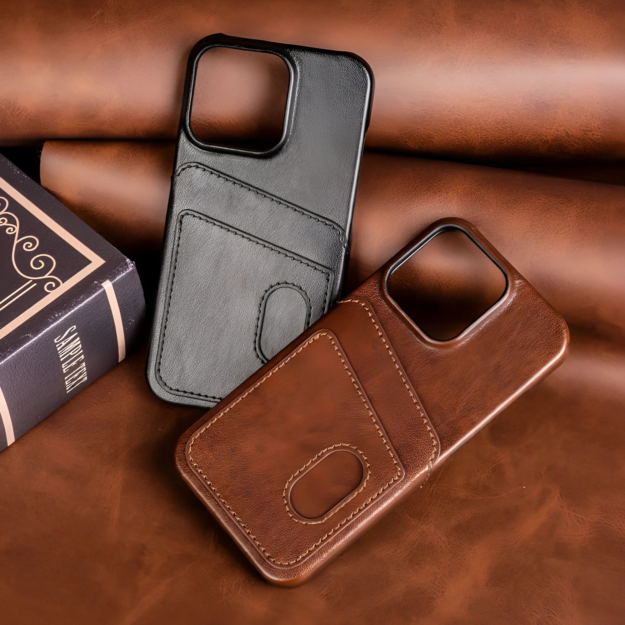 Flip PU leather phone case for iPhone showing card slot and folio cover in brown