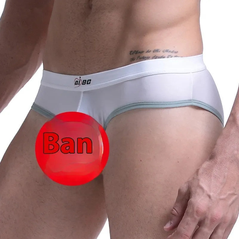 Men's army green ice silk bazooka briefs showing bullet separation and mid waist design