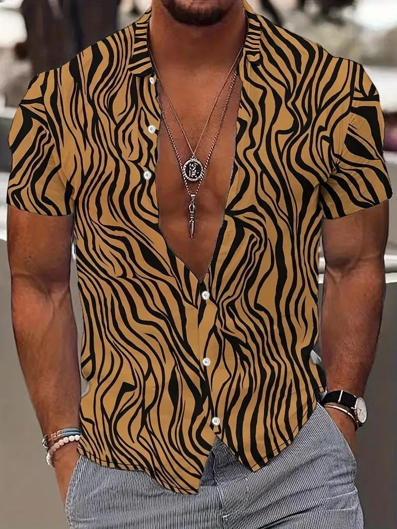 Men's geometric line print short sleeve shirt in slim fit cardigan style