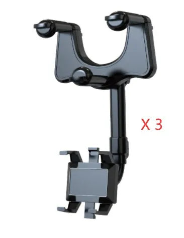 Black rearview mirror phone holder showing 360-degree rotation and telescopic arm extension