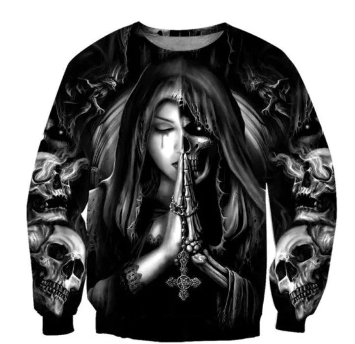 Black hooded sweatshirt with detailed white 3D skull anime graphic on front, long sleeves