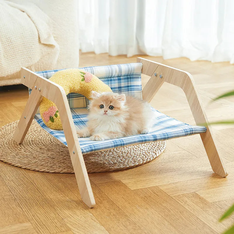 Wooden frame cat hammock bed with blue cloth elevated cat sleeping spot