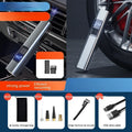 Wireless car air pump with digital display, vacuum cleaner attachment and emergency lighting functions
