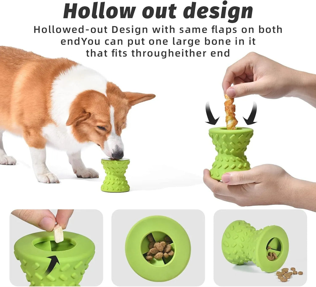 Interactive treat dispensing dog toy in blue, green or purple with hollow centre and food leakage holes