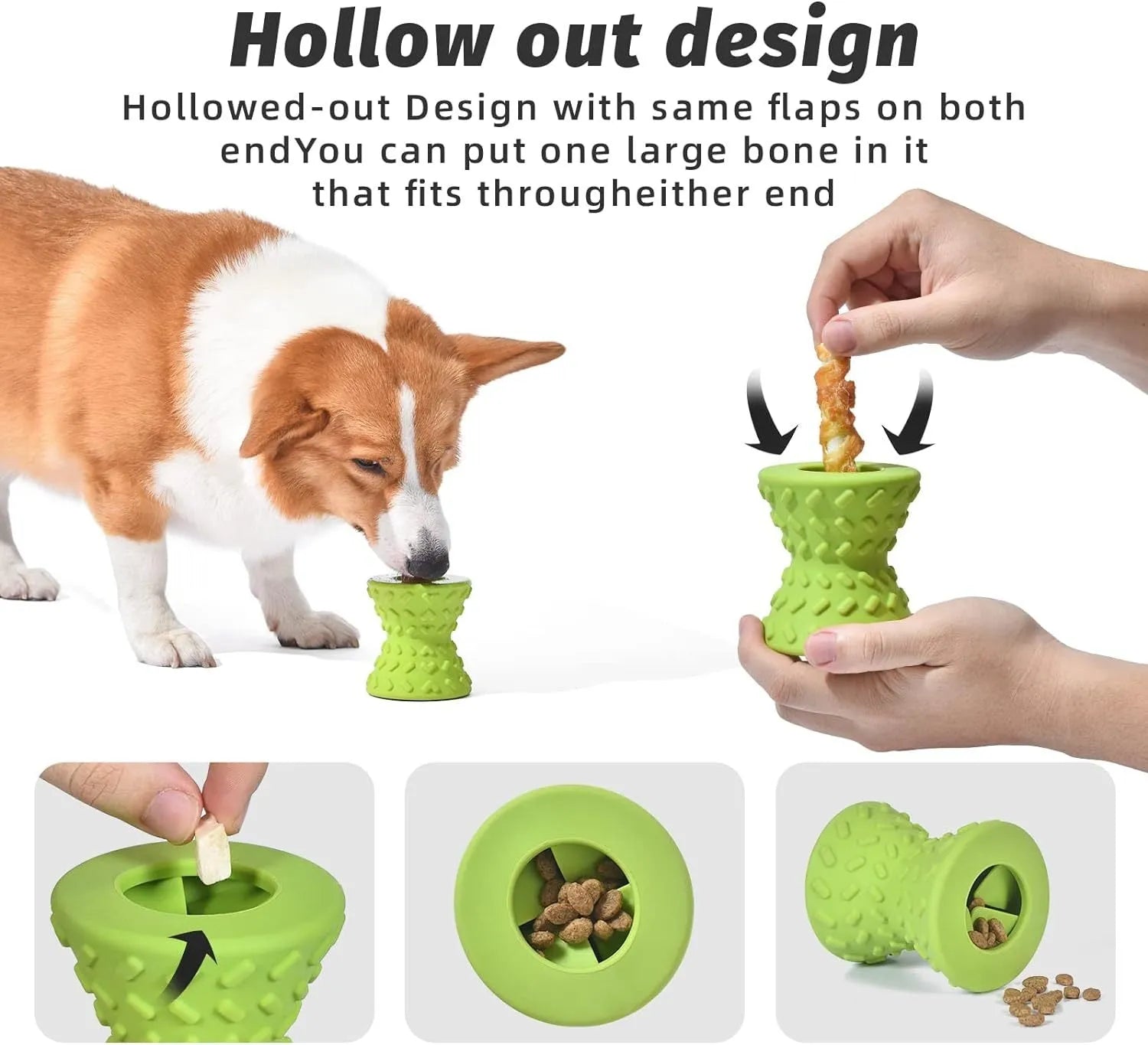 Interactive treat dispensing dog toy in blue, green or purple with hollow centre and food leakage holes