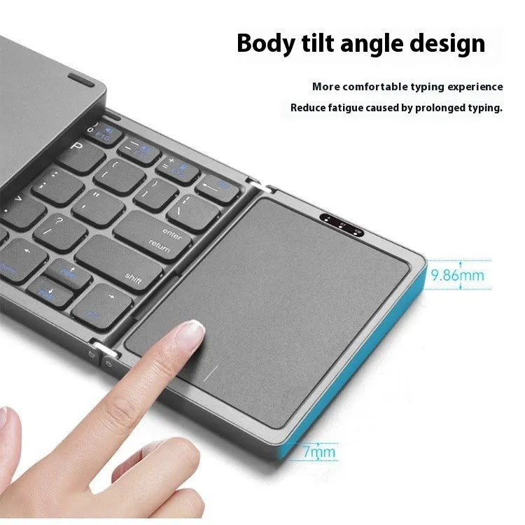 Three folding wireless Bluetooth keyboard with touch pad in black, 30.4 cm wide, folded position