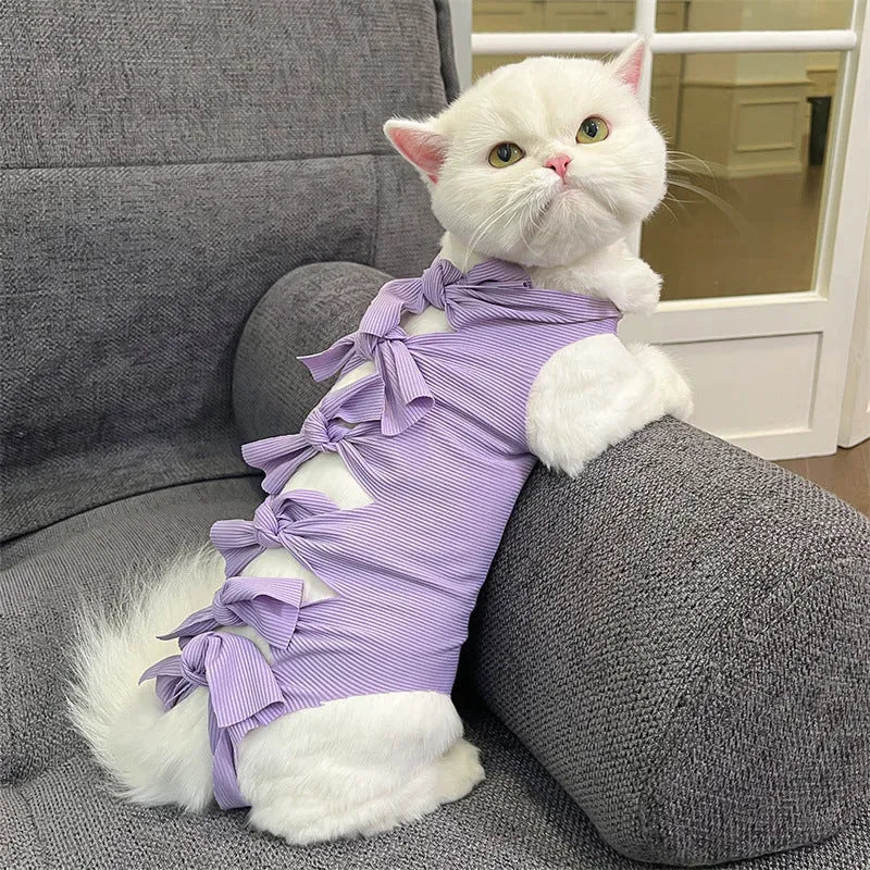 Lace-up cat sterilisation recovery clothing in polyester, shown in various colours and sizes.