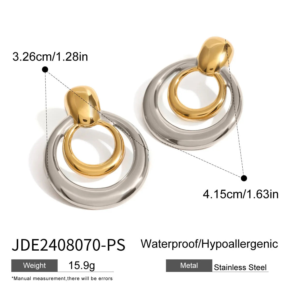 Golden round double layer hollow stud earrings with 18K gold electroplating on titanium steel