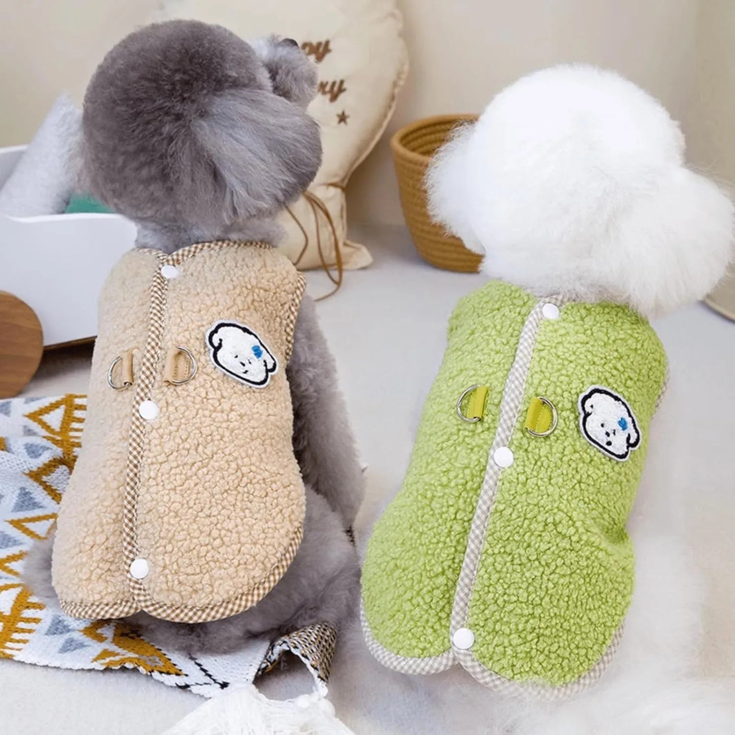 Coral fleece dog sweatshirt vest with leash ring in green colour for small pets