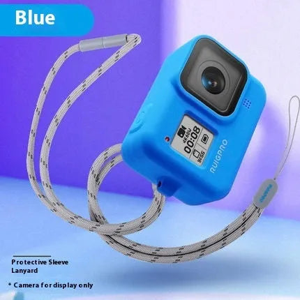 GoPro Hero8 Black protective silicone sleeve with neck lanyard and wrist strap accessories in blue colour