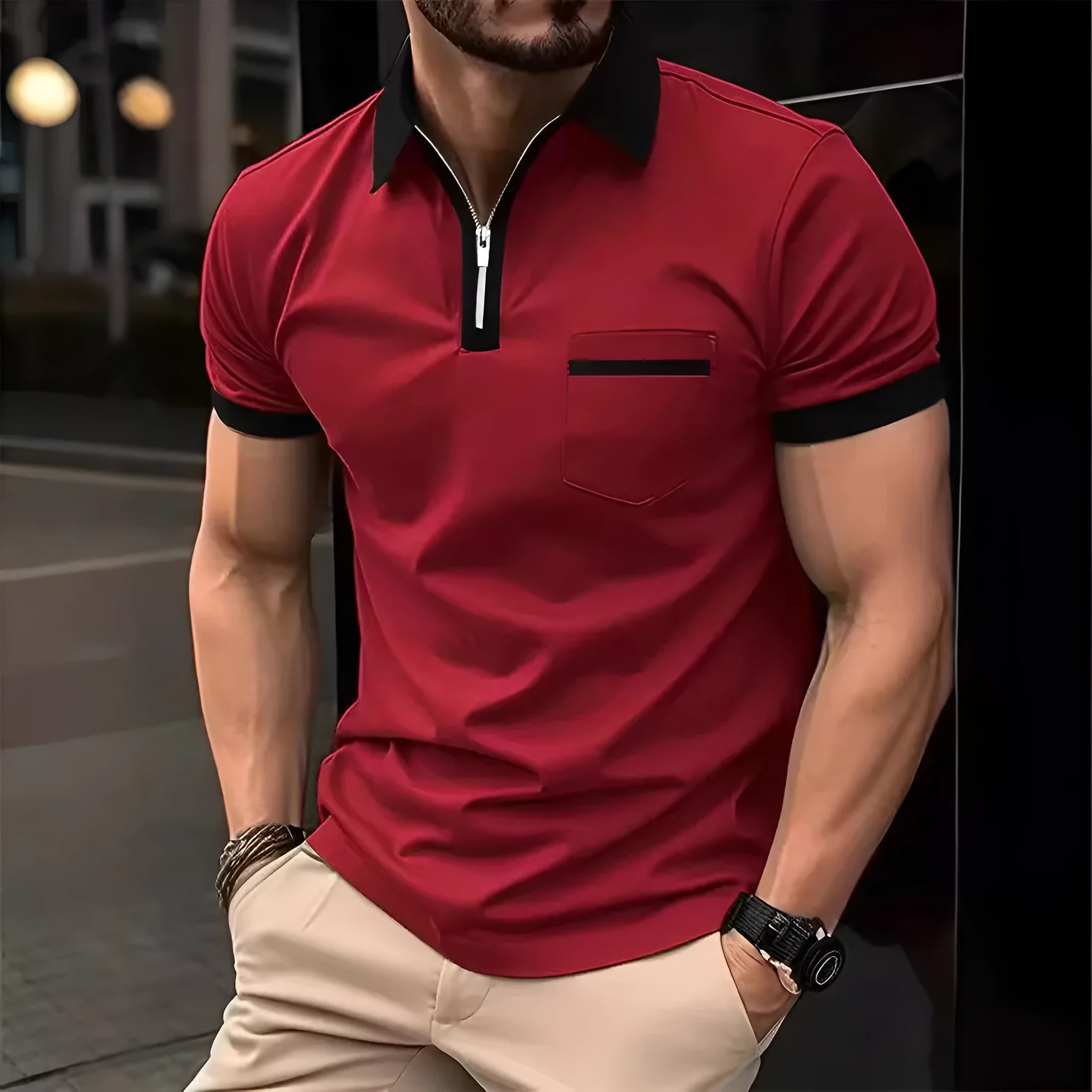 Men's loose-fit casual short-sleeve shirt with a zipper on the chest pocket, shown in a two-tone colour option.