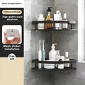 Black free-standing double-layer triangle bathroom corner storage rack with multiple shelves.