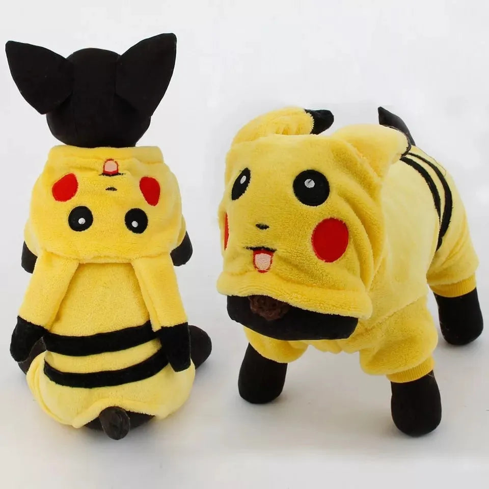 Fleece hooded pet coat for dog or cat in cartoon cosplay design on a mannequin