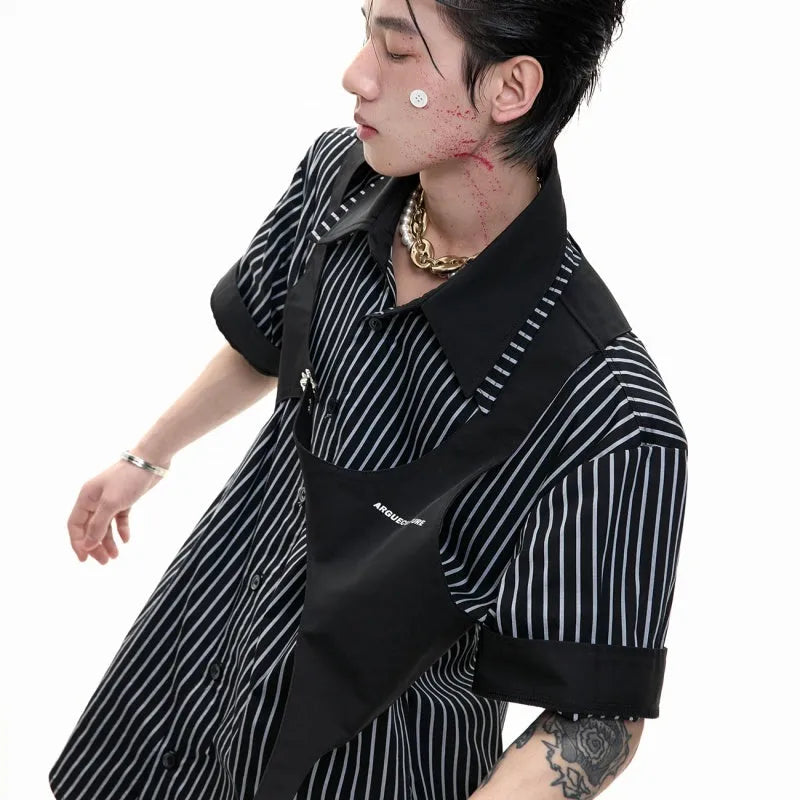 Men's black and white striped cotton shirt with double lapel collar design and short sleeves