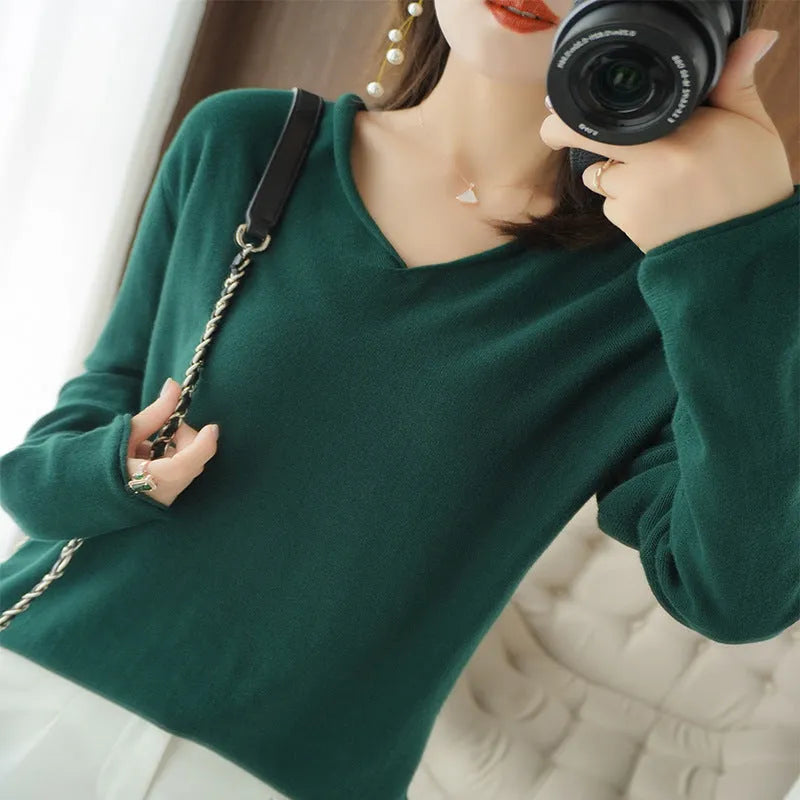 Women's V-neck long sleeve knitwear pullover top in turmeric colour with non-ironing process