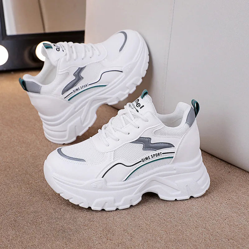 Women's white breathable dad shoes with height-increasing insole and cross shoulder straps