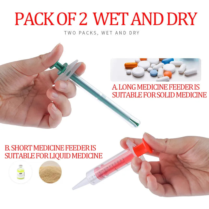 Two pet pill shooters with soft silicone tips for administering medication to cats and small dogs