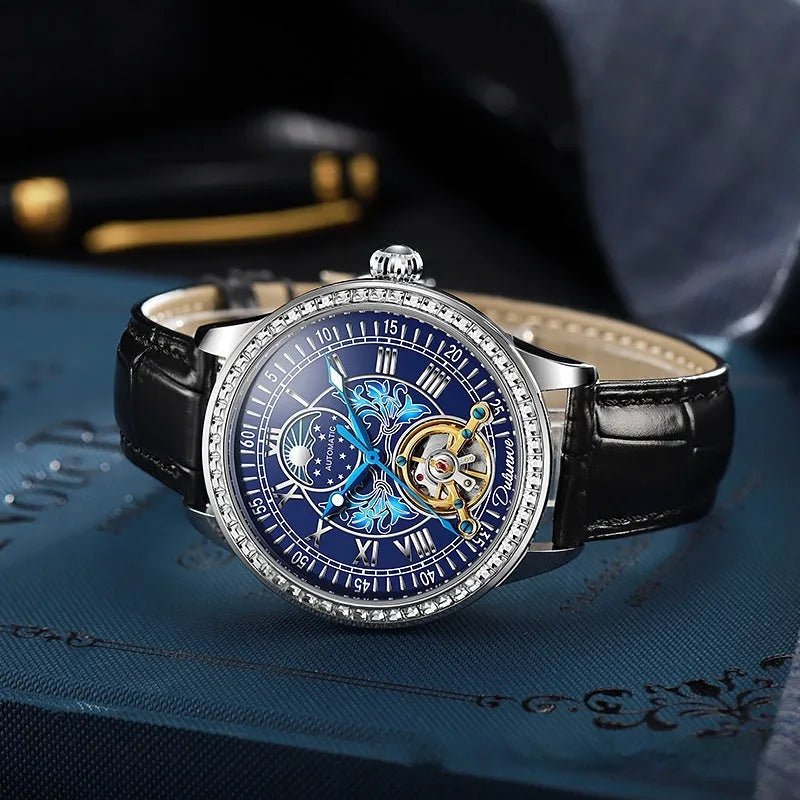 Men's mechanical waterproof watch with transparent case back showing movement and stainless steel butterfly buckle