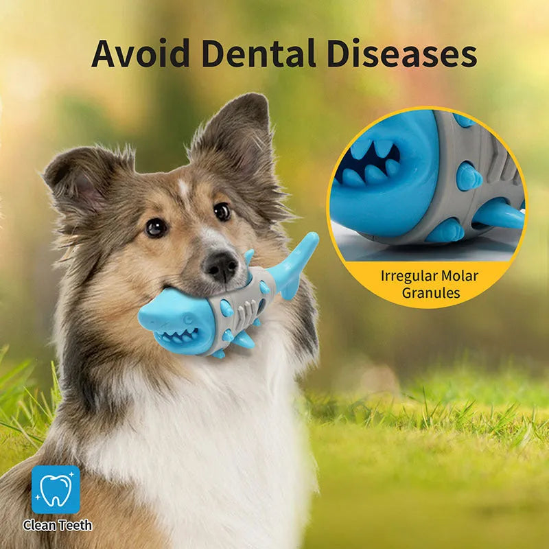 Blue grey and yellow shark tooth textured dog chew toy with visible air vents.