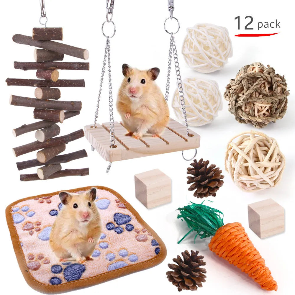 Wooden pet toy set with molar stick, straw mattress and woven balls for rabbits, guinea pigs and parrots