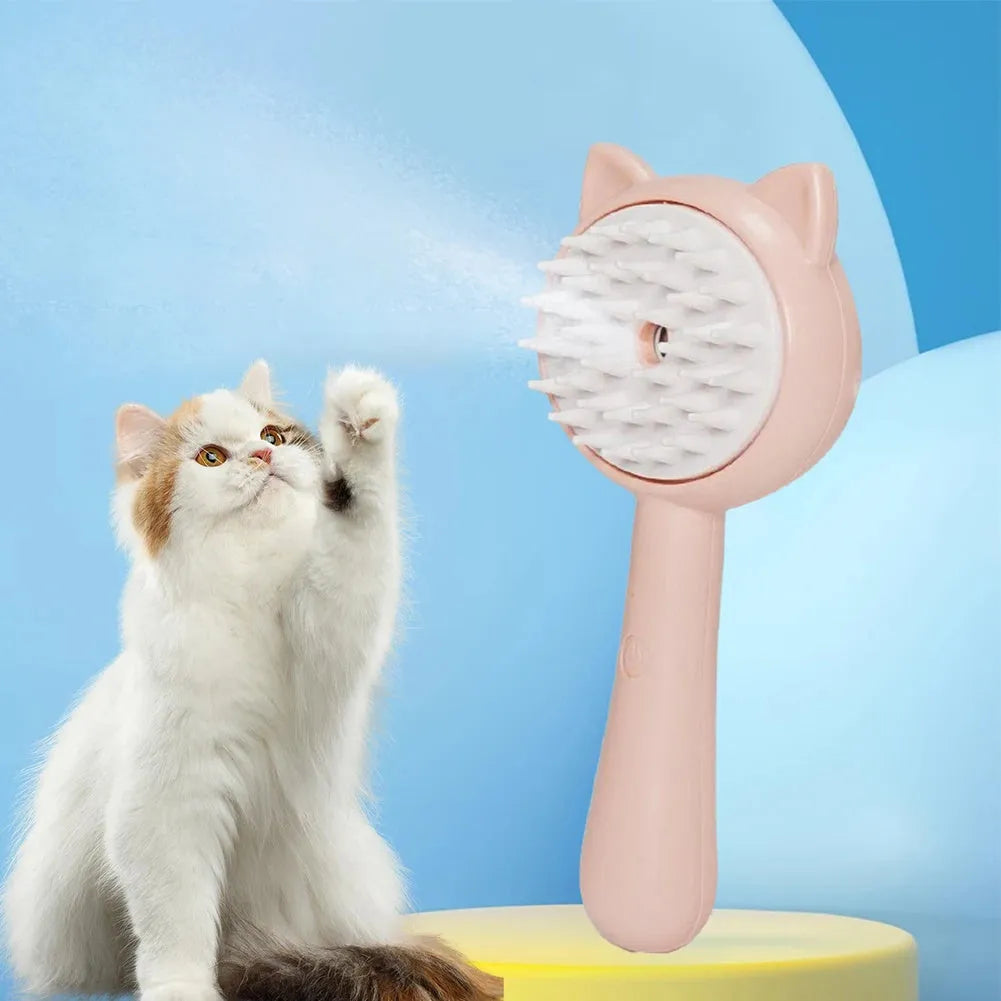 Rechargeable cat grooming brush with mist, self-cleaning slicker brush, ergonomic ABS TPR silicone, 18x9.5x5cm, available in blue pink yellow