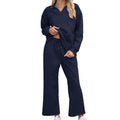 Women's solid colour rayon jacquard knit lapel sweater and elastic waist trouser set.