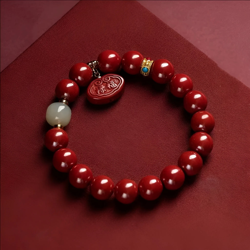 Natural cinnabar bracelet with Emperor sandstone Ping An Fu Lu design showing 8mm and 10mm bead size options.