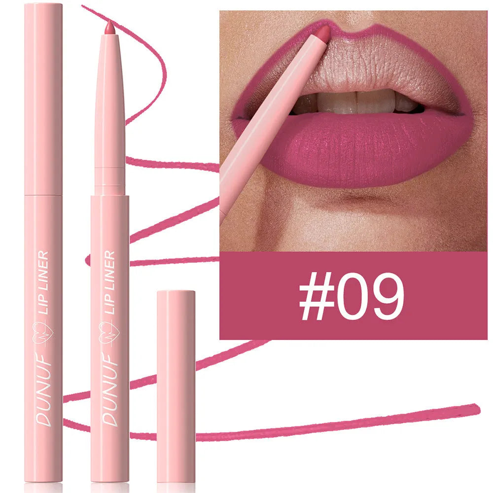 Twelve velvet matte lip liner pencils in a row showing different shades from a 12-colour collection.