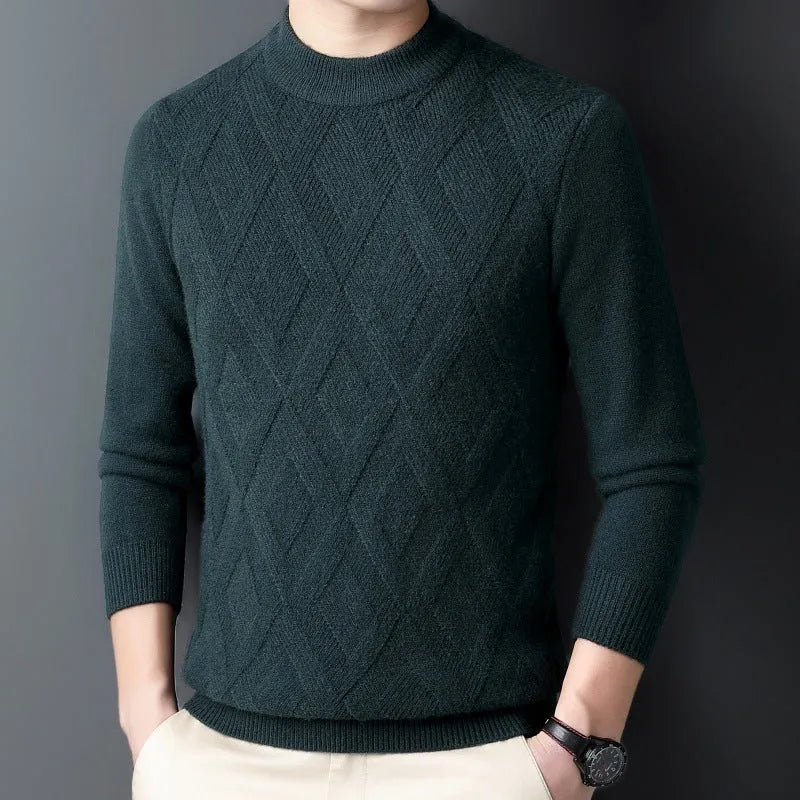 Men's diamond jacquard wool blend winter sweater in light camel colour on a hanger