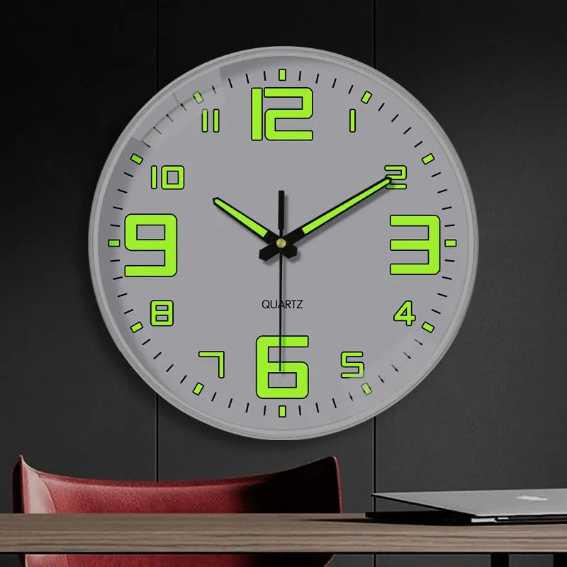 Modern 8 inch luminous wall clock with 20cm diameter white dial on a plastic casing.