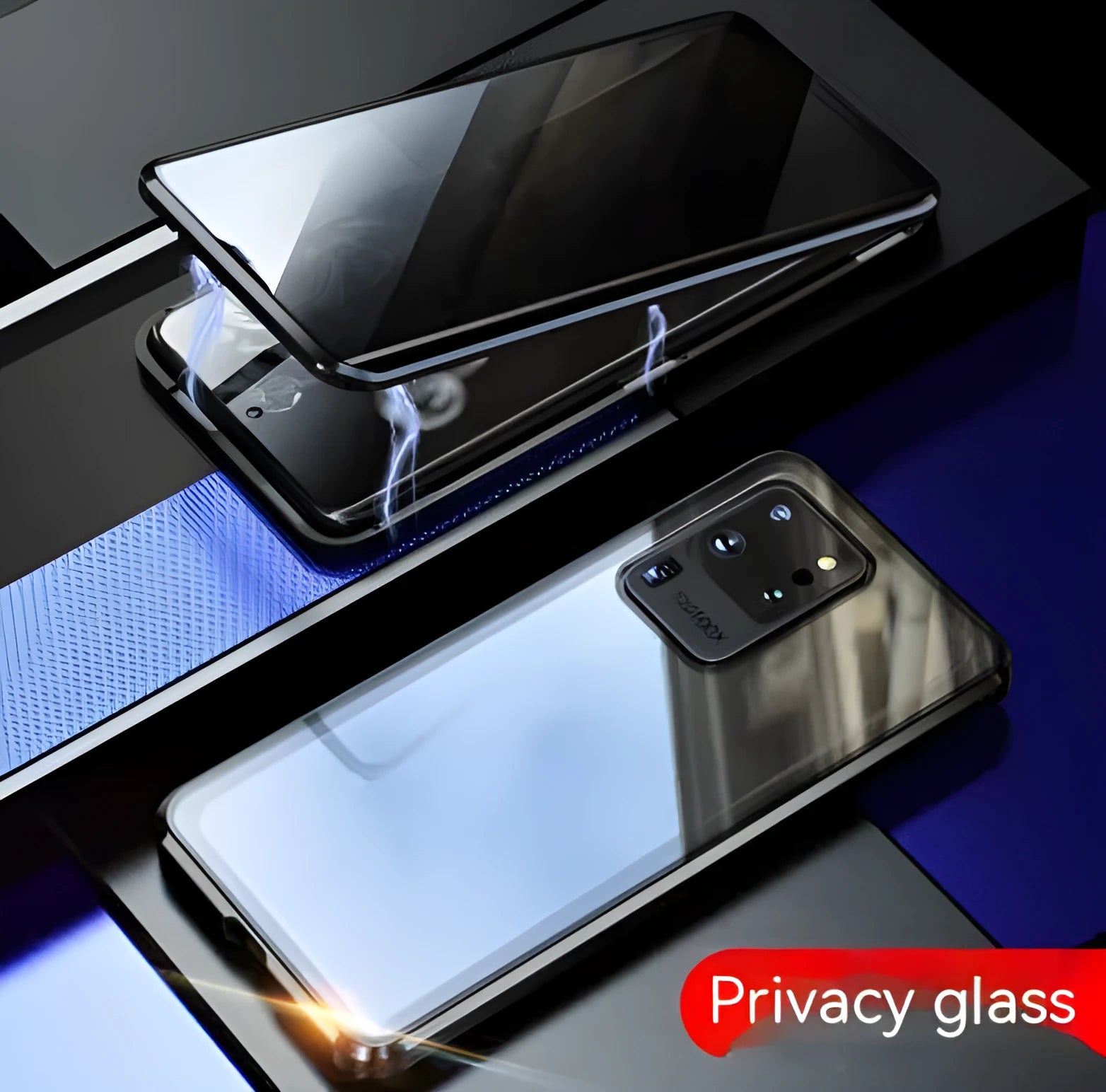 Samsung S23 Ultra anti-peep magnetic phone case with double-sided glass, mirror finish, and metal frame in gold colour