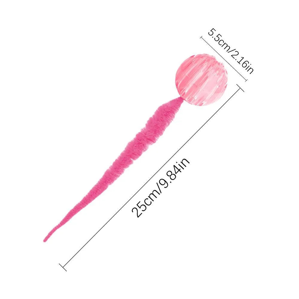 Interactive cat toy with three bouncy TPR balls connected to long plush tail in green colour