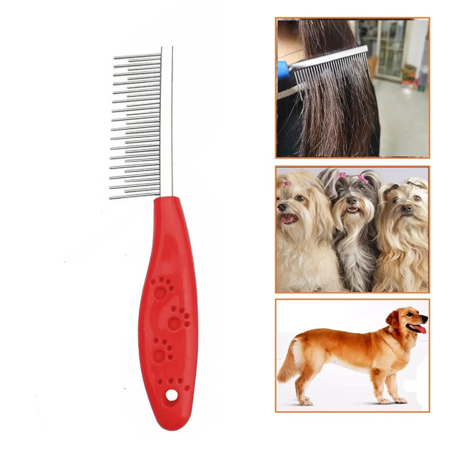 Red plastic handle pet grooming comb with stainless steel long and short teeth for dematting dogs and cats