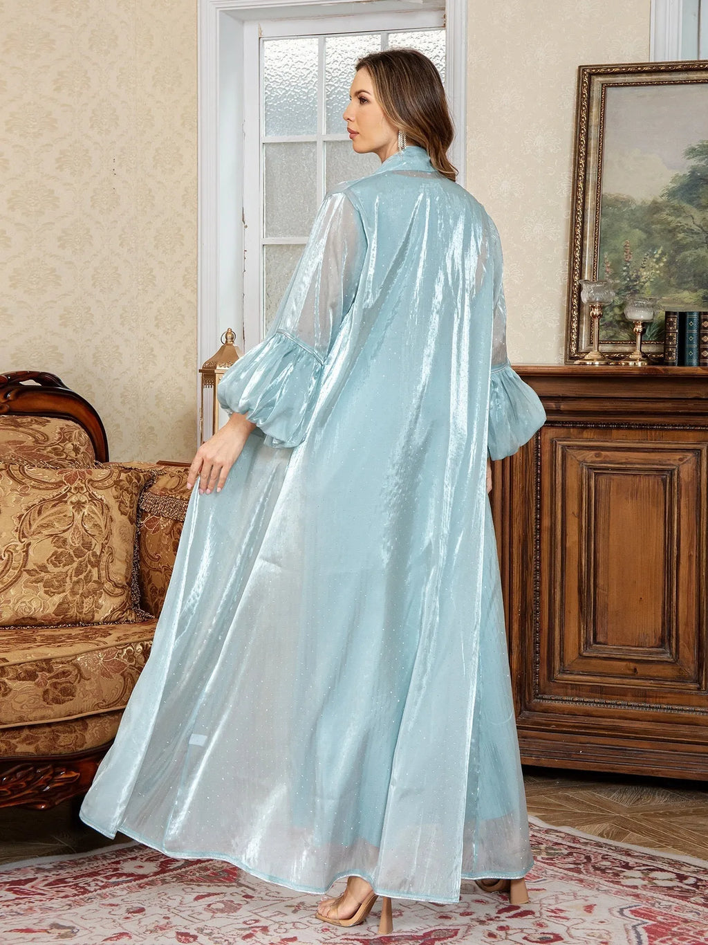Dubai Arabic two-piece dress set with rhinestone decoration in blue or brown colour
