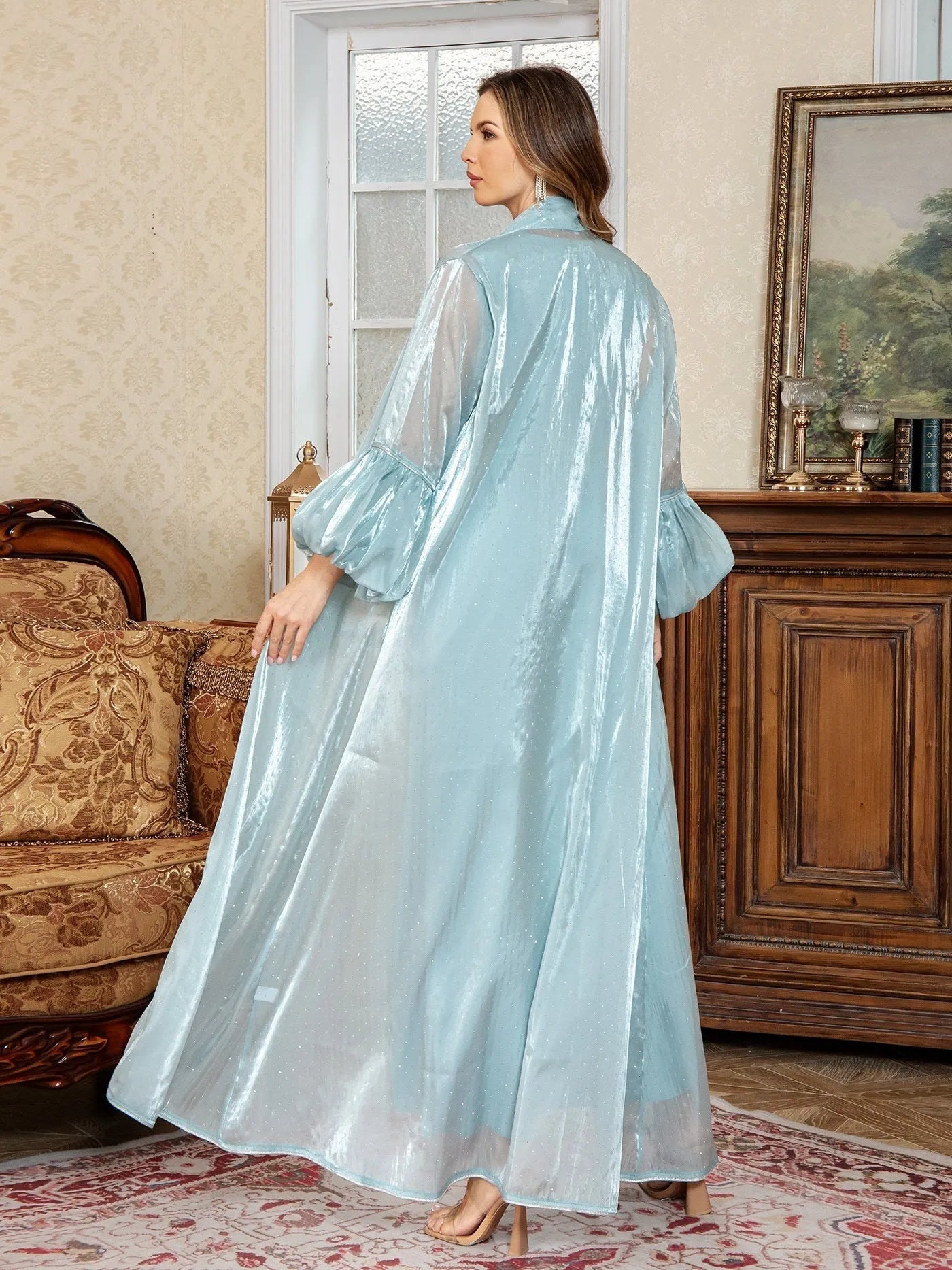 Dubai Arabic two-piece dress set with rhinestone decoration in blue or brown colour