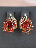 Round flower feather design zircon earrings in electroplated champagne gold with coloured stone options