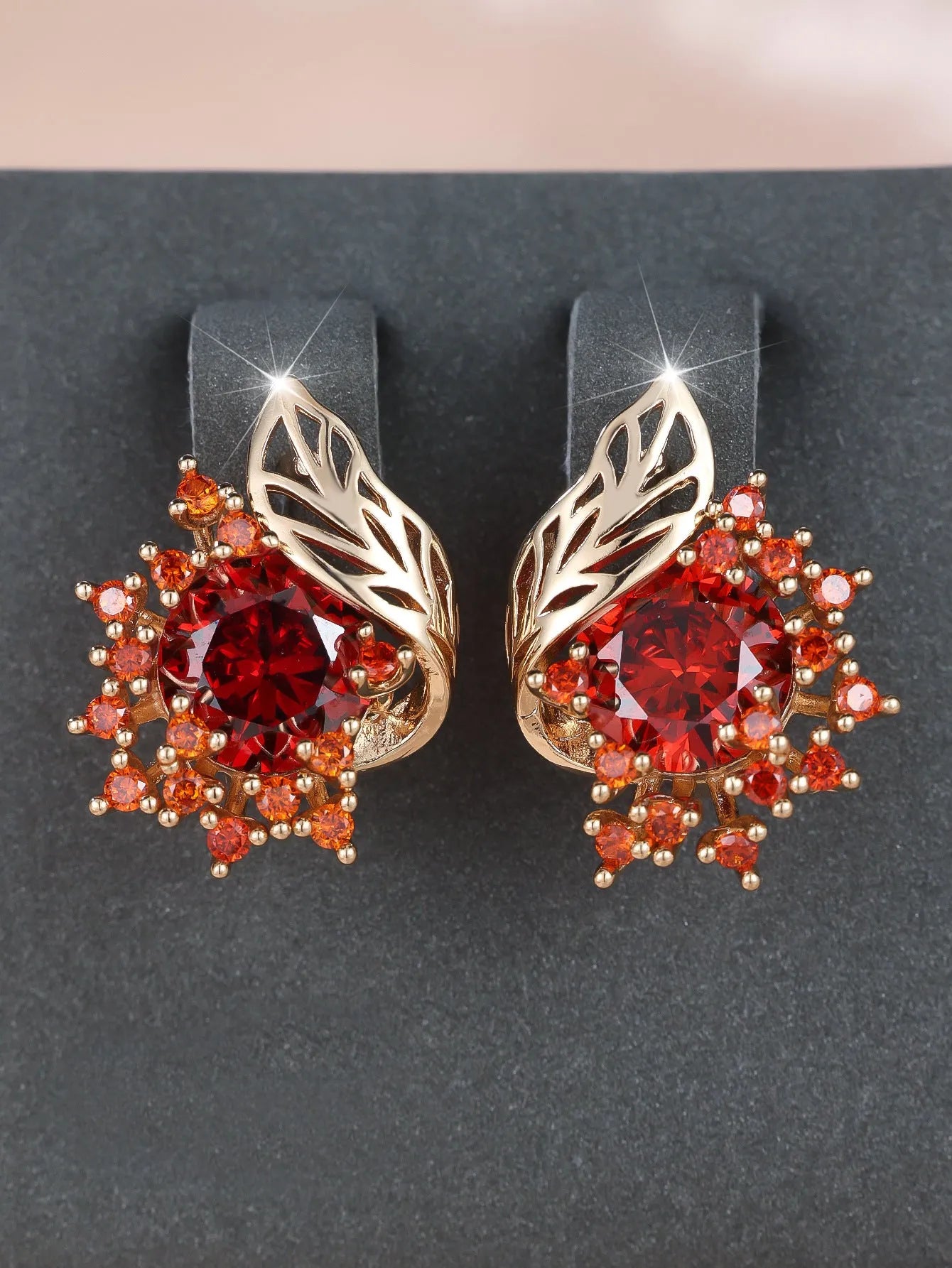 Round flower feather design zircon earrings in electroplated champagne gold with coloured stone options