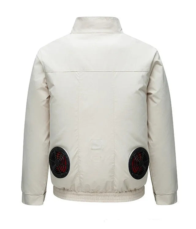 Men's summer work jacket with integrated fan cooling system and ventilation holes