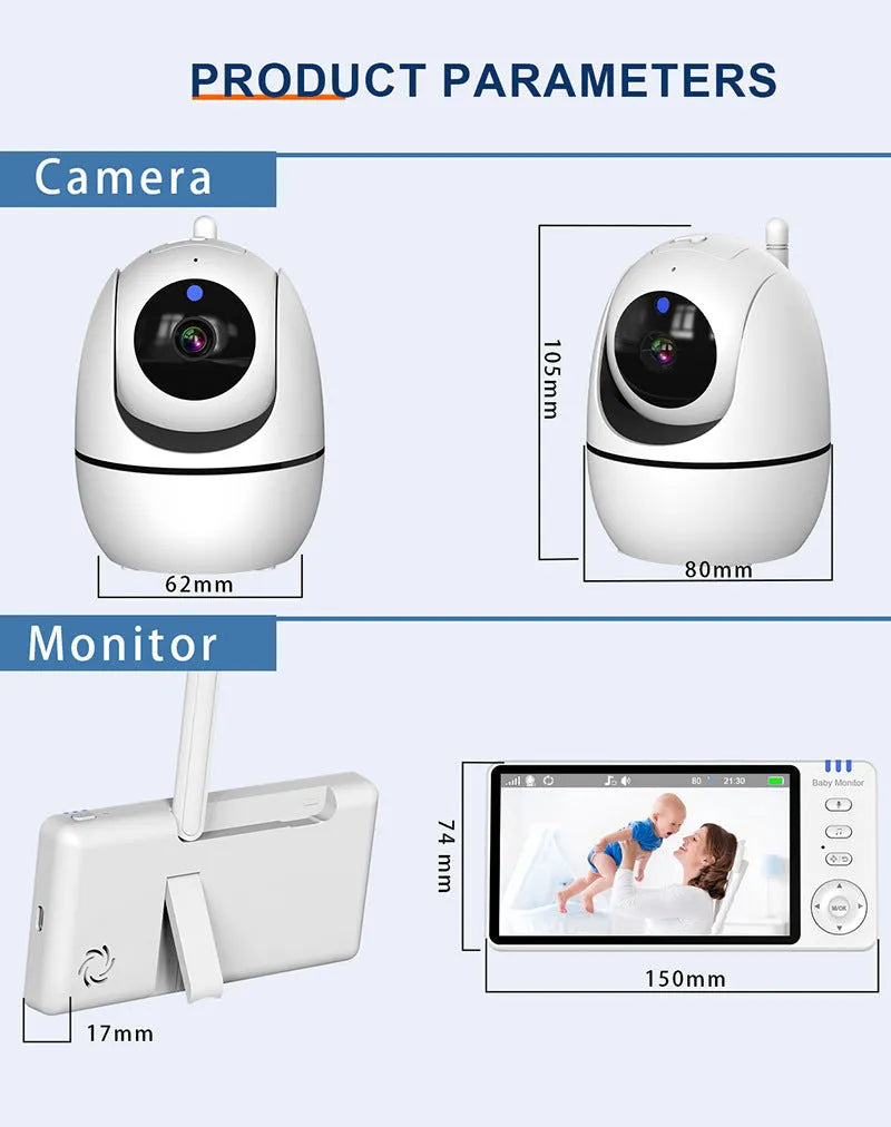 White wireless baby monitor with 5-inch HD screen showing nursery camera footage
